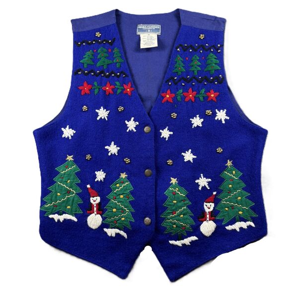 Vintage Women Christmas Vest Wool Embroidered Snowman Tree Y2K 90s Blue Med J111 - Picture 1 of 8